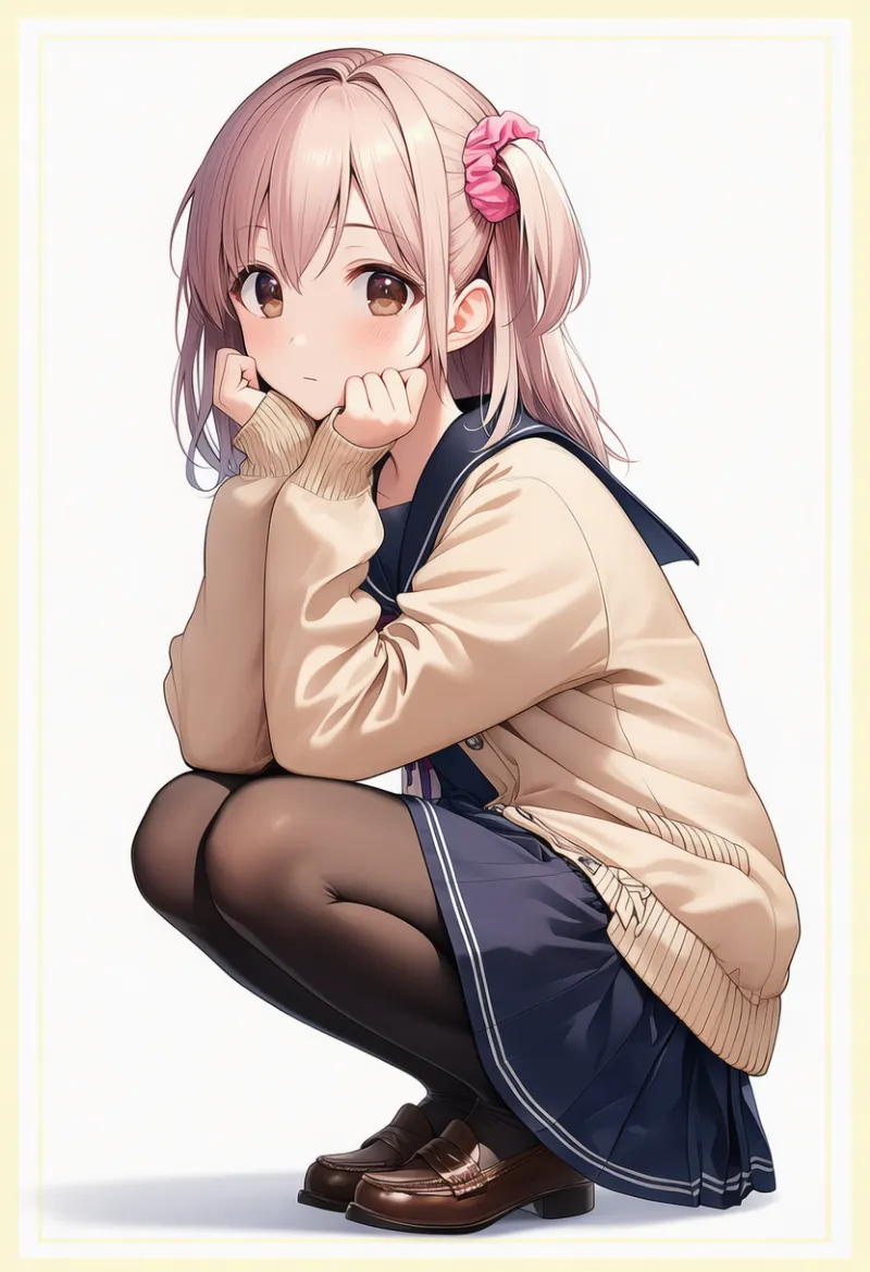 ベージュカーディガン × ネイビースカート × ブラウンローファー × ピンクシュシュ|配色用プロンプト・AIイラスト