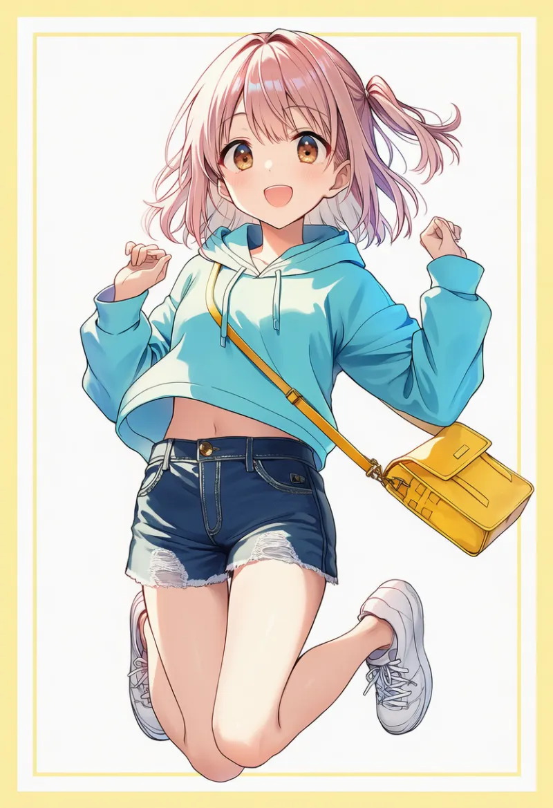 ライトブルーパーカー × デニムショートパンツ × 白スニーカー × イエローバッグ|配色用プロンプト・AIイラスト