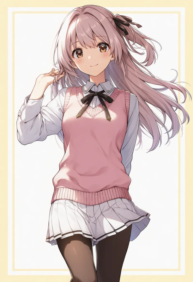 ピンクベスト × 白プリーツスカート × ブラウンタイツ × リボン|配色用プロンプト・AIイラスト