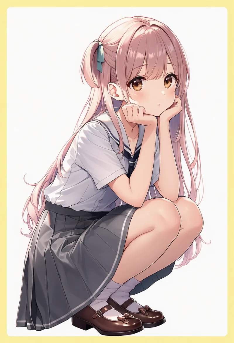 白ブラウス × グレースカート × ネイビーネクタイ × ブラウンシューズ|配色用プロンプト・AIイラスト