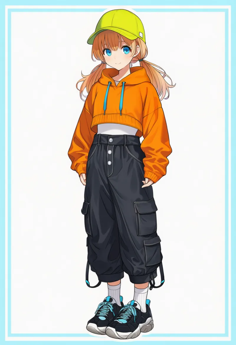 オレンジパーカー × 黒カーゴパンツ × ライムキャップ × 白ソックス|配色用プロンプト・AIイラスト