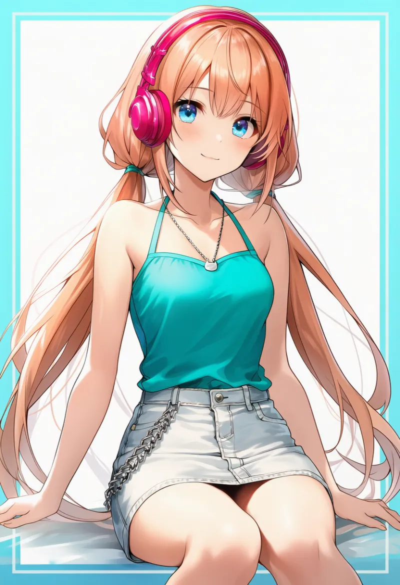 ターコイズトップス × 白デニムスカート × ピンクヘッドホン × シルバーチェーン|配色用プロンプト・AIイラスト