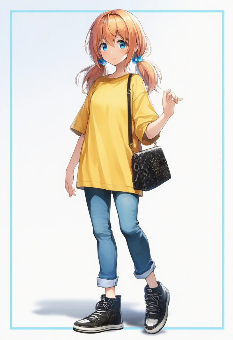 イエローTシャツ × デニムパンツ × 黒スニーカー × チェーンウォレット|配色用プロンプト・AIイラスト