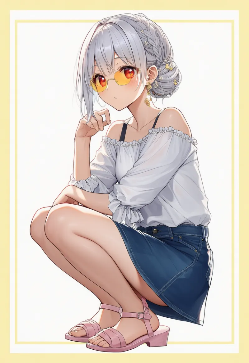 ミルキーホワイトトップス × デニムスカート × ピンクサンダル × サングラス|配色用プロンプト・AIイラスト