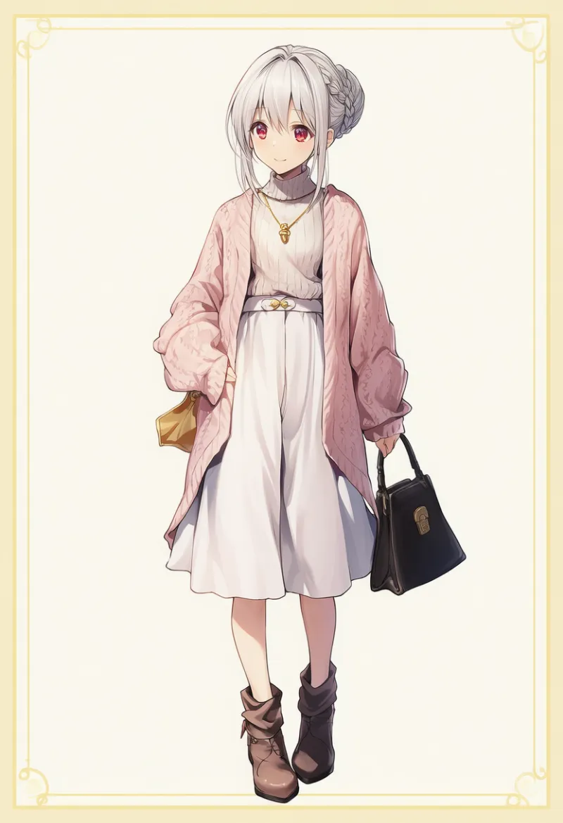 ソフトピンクカーディガン × 白キュロット × ブラウンブーツ × ゴールドアクセ|配色用プロンプト・AIイラスト