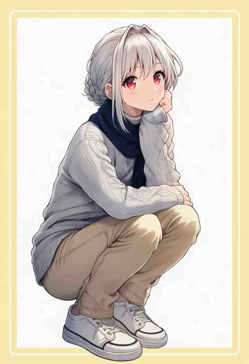 グレータートル × ベージュパンツ × ネイビーマフラー × 白スニーカー|配色用プロンプト・AIイラスト