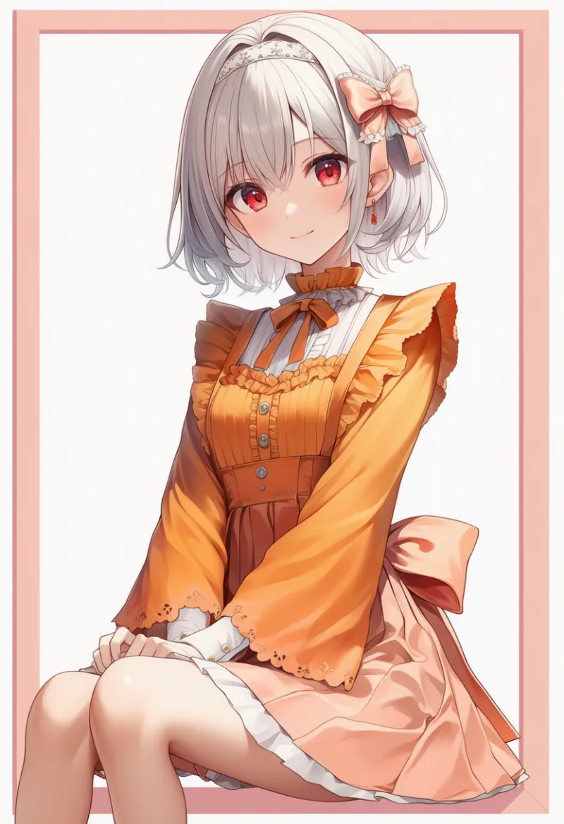 マンゴーオレンジのフリルトップス × ピーチのスカート × 白ヘッドバンド × ピーチリボン|配色用プロンプト・AIイラスト