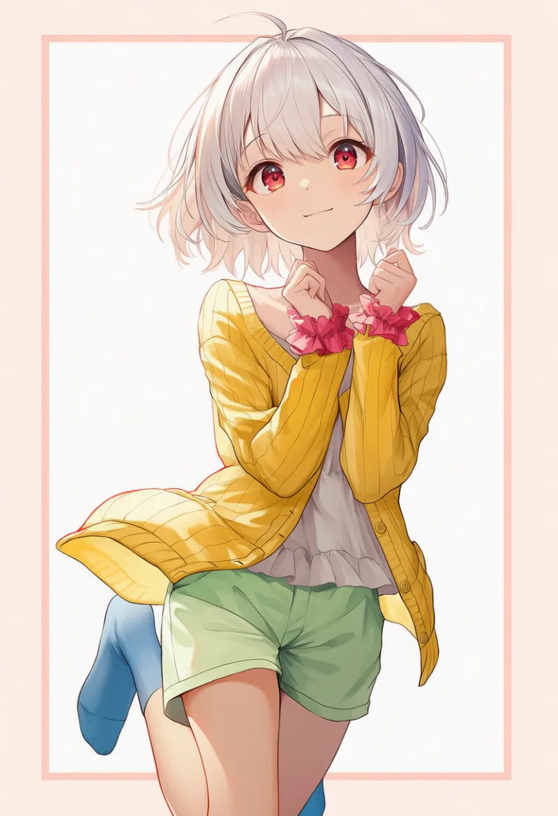 バナナイエローのカーディガン × ライトグリーンのショートパンツ × コーラルのシュシュ × スカイブルーのニーハイ|配色用プロンプト・AIイラスト