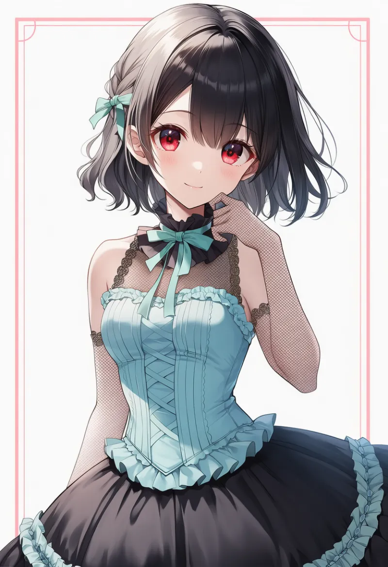 ライトブルーのコルセット × 黒フリルスカート × ミントリボン × レース手袋|配色用プロンプト・AIイラスト