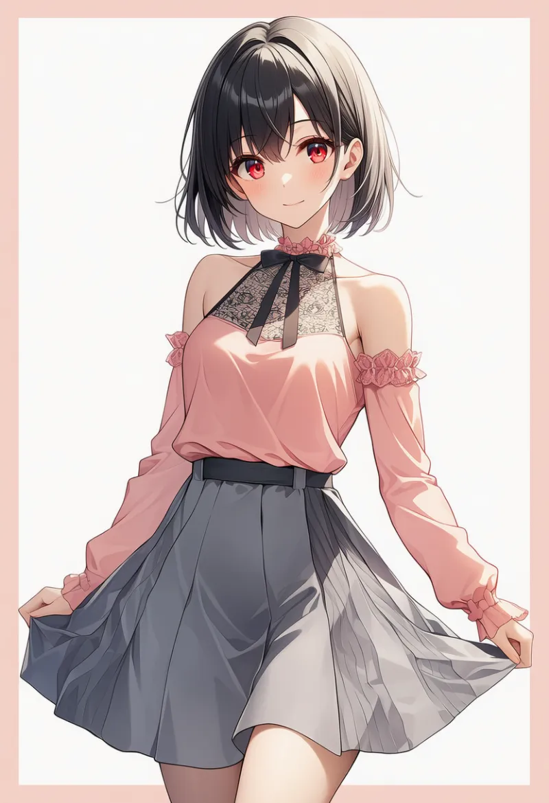 ソフトコーラルのホルタートップス × グレースカート × 黒ボウタイ × ピンクレースカラー|配色用プロンプト・AIイラスト