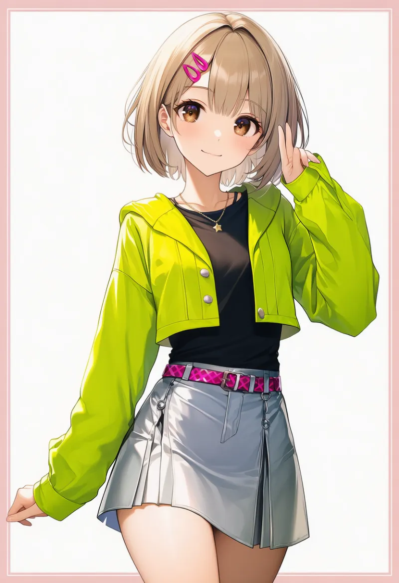 ライムイエローのジャケット × シルバーミニスカート × ピンクヘアクリップ × スターネックレス|配色用プロンプト・AIイラスト