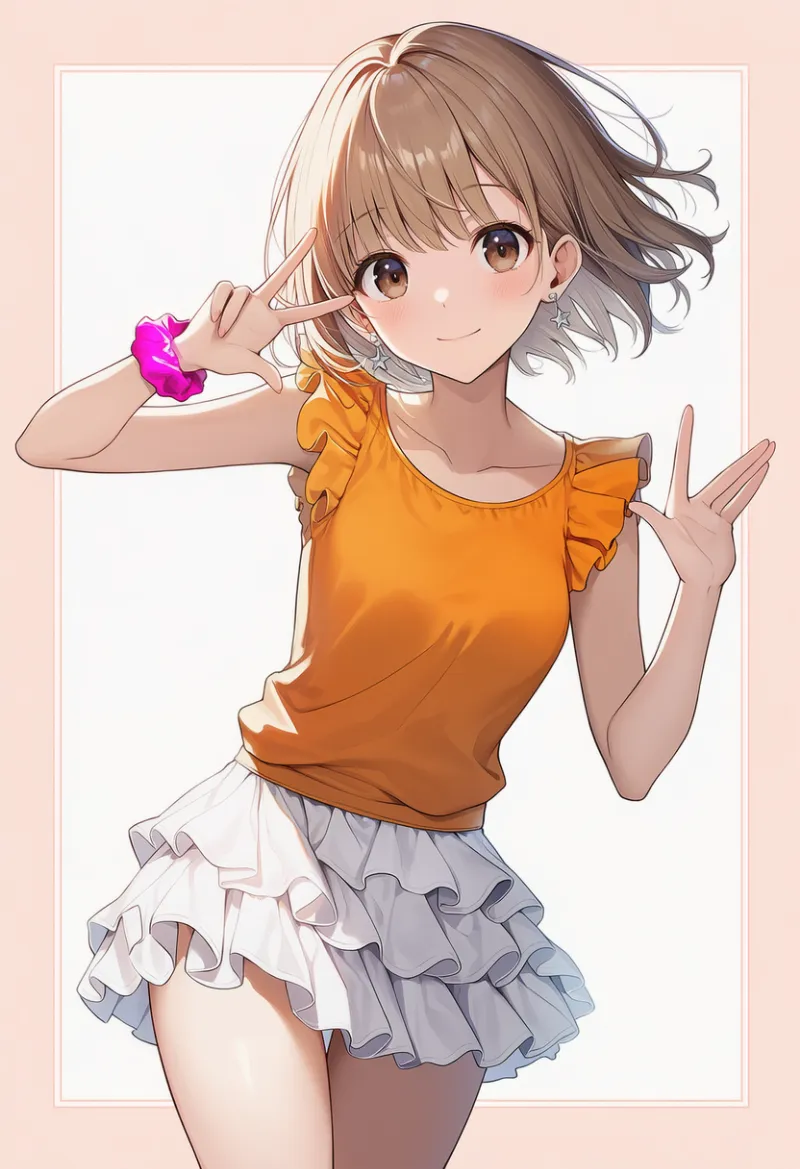 マンゴーのパフスリーブトップス × 白ミニスカート × ネオンピンクシュシュ × シルバーピアス|配色用プロンプト・AIイラスト