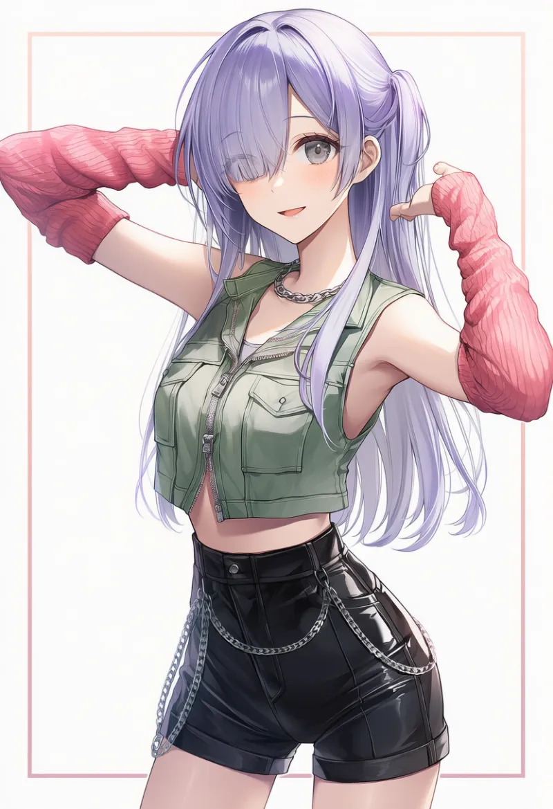 セージグリーンベスト × 黒レザーショートパンツ × ローズゴールドアームウォーマー × チェーン|配色用プロンプト・AIイラスト