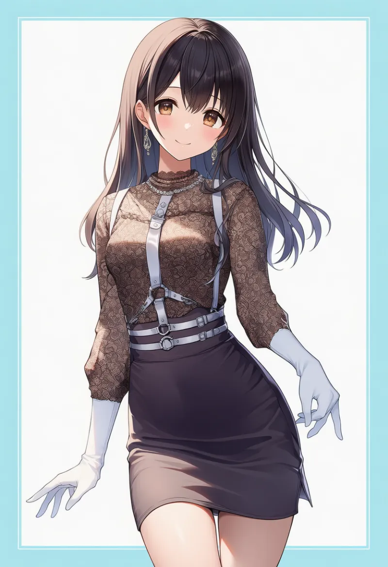 プラムブラウス × チャコールスカート × シルバーベルト × 白手袋|配色用プロンプト・AIイラスト