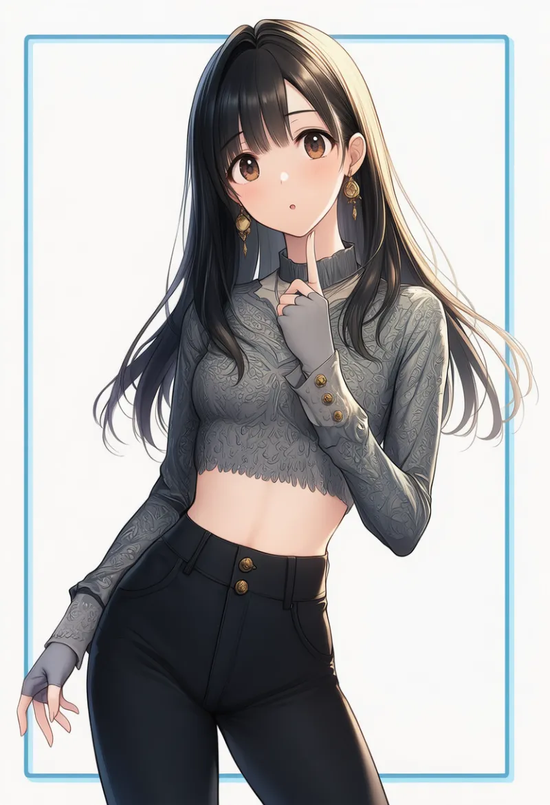 インディゴトップス × 黒パンツ × ゴールドカフス × グレー手袋|配色用プロンプト・AIイラスト
