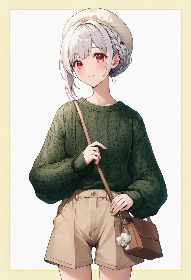 モスグリーンニット × ライトブラウンパンツ × ベレー帽 × トートバッグ|配色用プロンプト・AIイラスト
