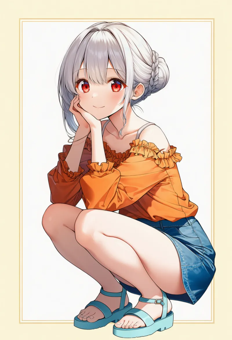 シナモントップス × デニムスカート × パステルブルーサンダル|配色用プロンプト・AIイラスト