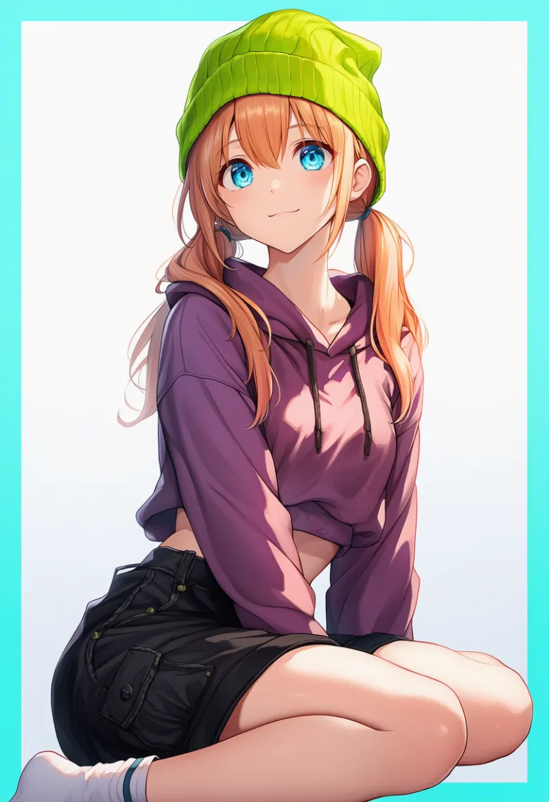 プラムパーカー × 黒カーゴショートパンツ × ネオングリーン帽子 × 白ソックス|配色用プロンプト・AIイラスト