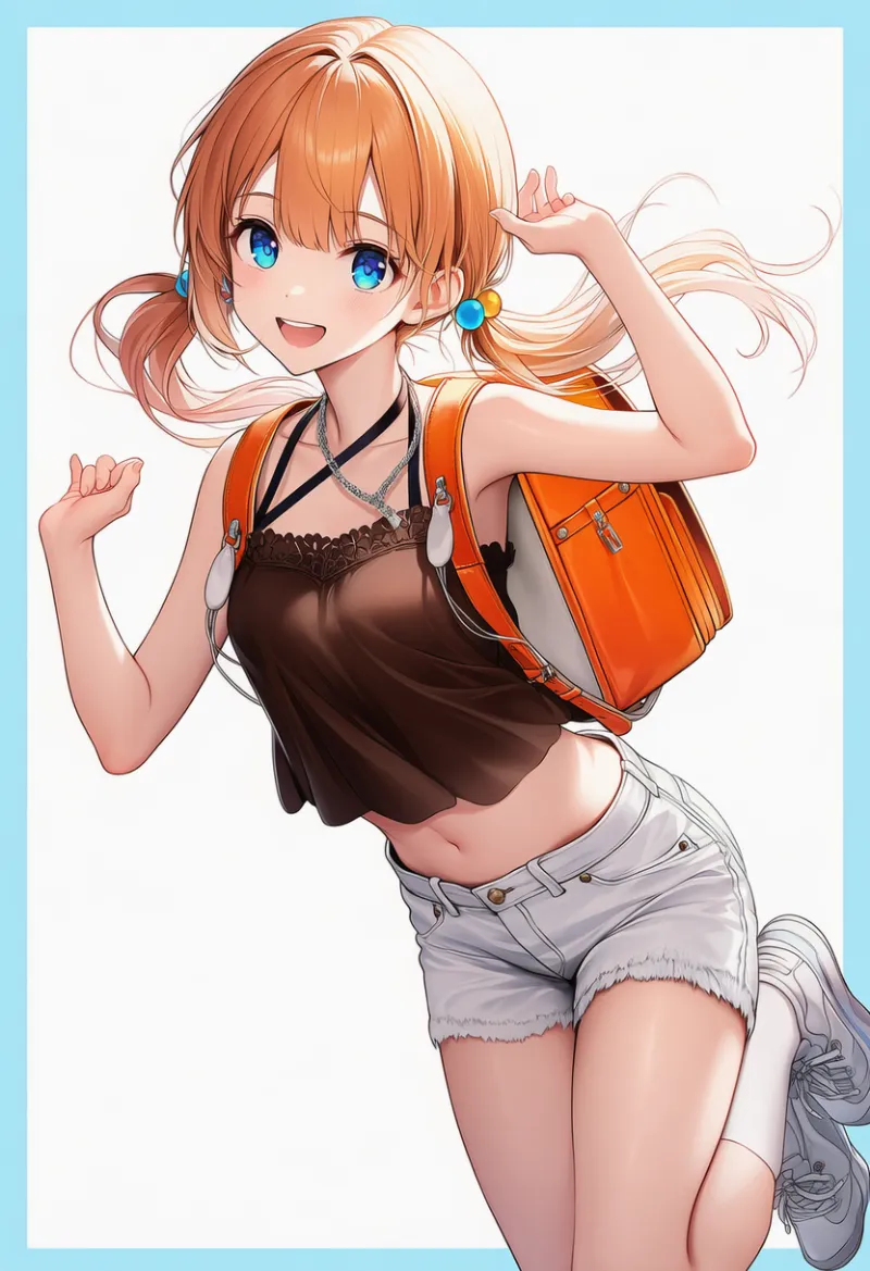 ココアトップス × 白デニムショートパンツ × オレンジバッグ × シルバーネックレス|配色用プロンプト・AIイラスト