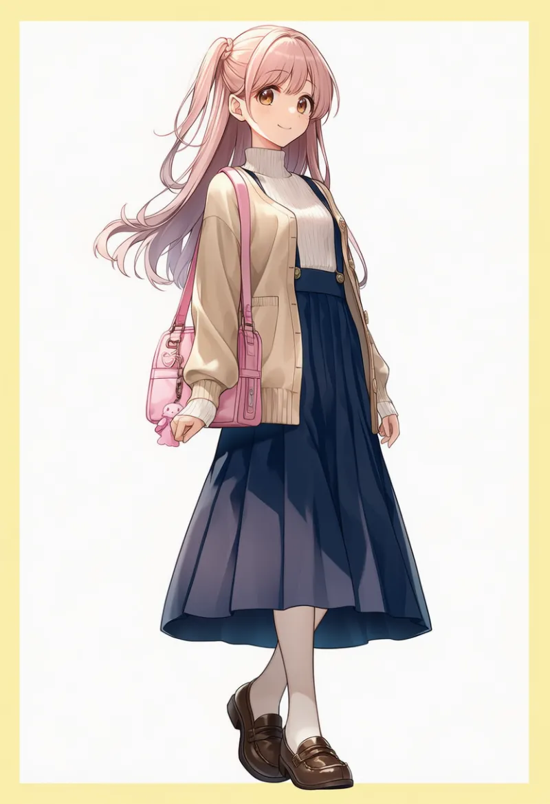 モカカーディガン × ネイビースカート × ブラウンローファー × ピンクチャーム|配色用プロンプト・AIイラスト