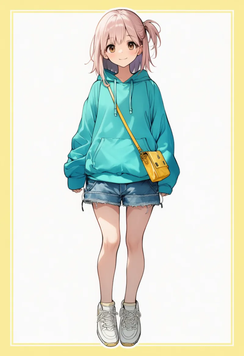 アクアパーカー × デニムショートパンツ × 白スニーカー × イエローバッグ|配色用プロンプト・AIイラスト