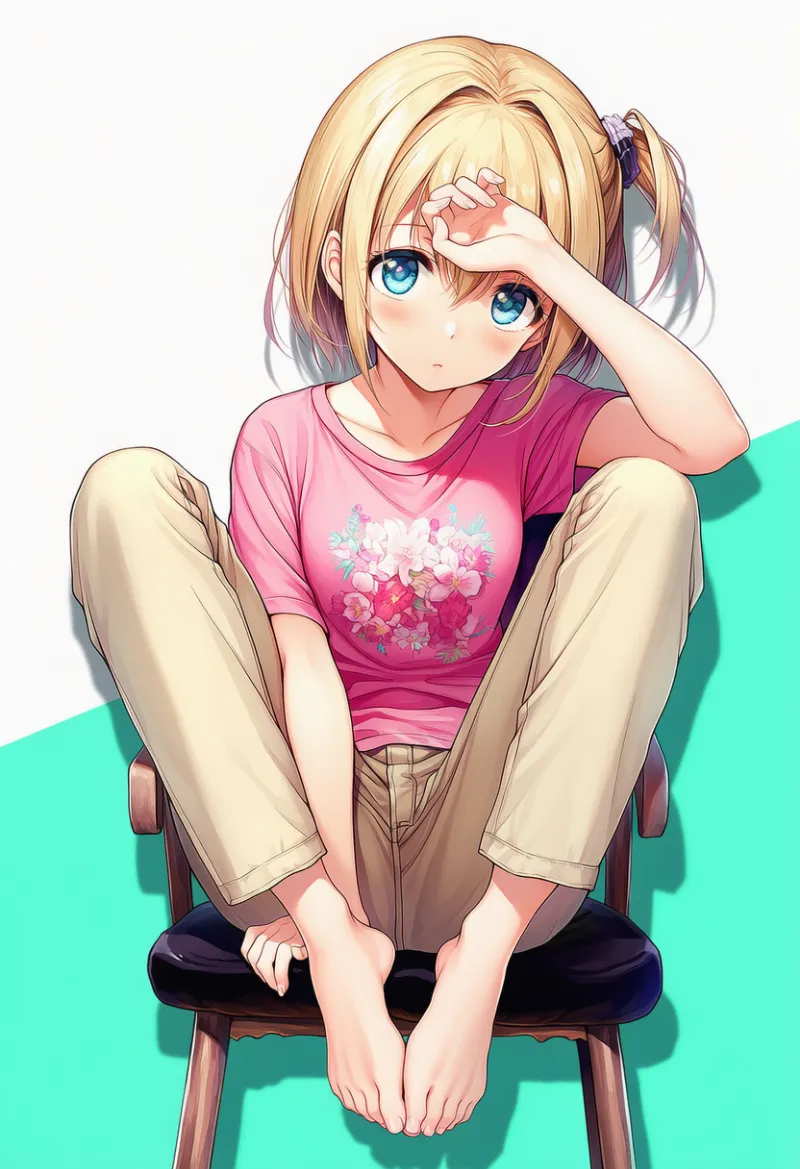 足を椅子に乗せる状態のAIイラスト|プロンプト紹介