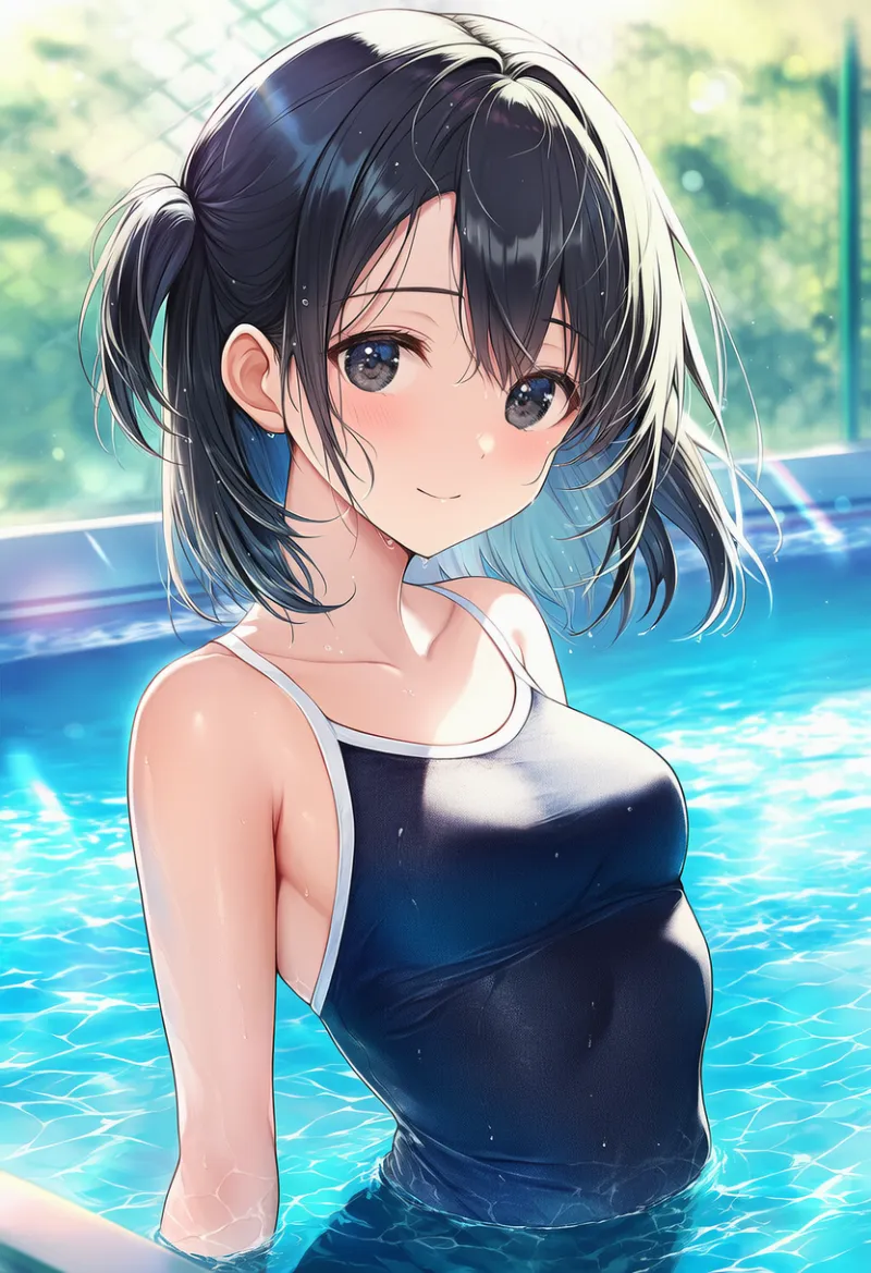 布感のあるスクール水着のプロンプトとAIイラストの作例-2（プールの中のバストショット）