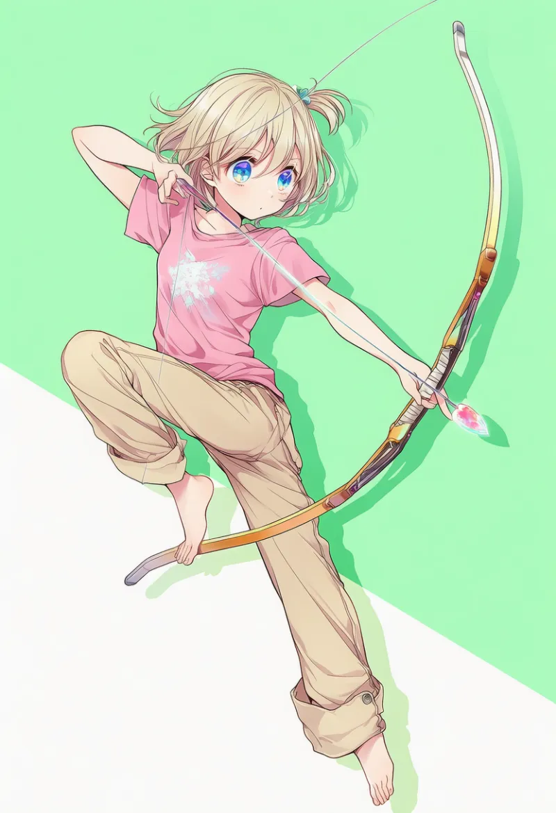足を使って弓を射るポーズのAIイラスト|プロンプト紹介