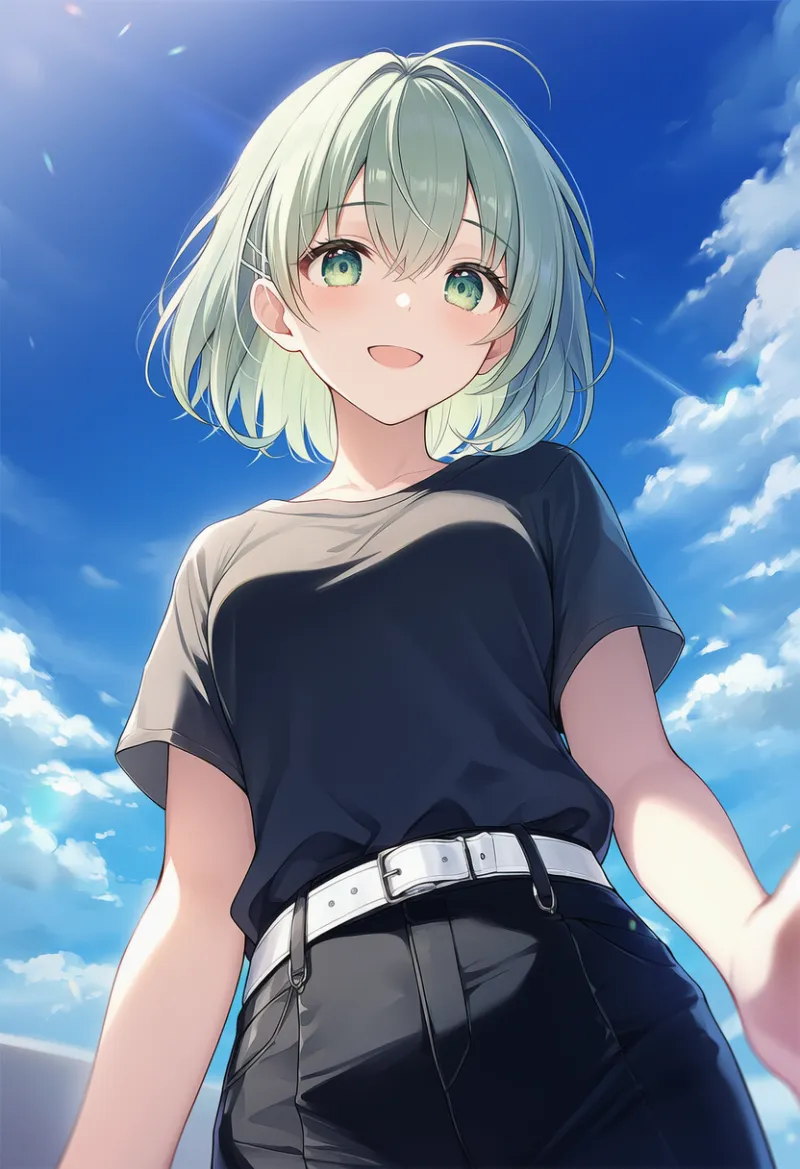 プロンプト：from below, worm's eye viewにて生成したローアングルのAIイラスト作例