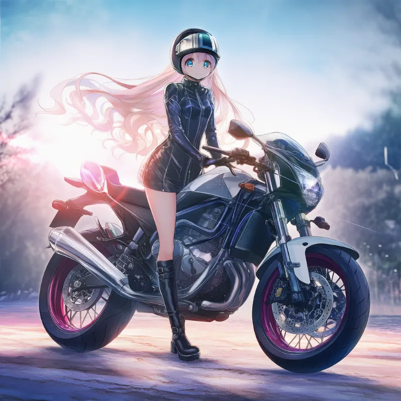 バイクに跨った全身ショットのAIイラストとプロンプト紹介