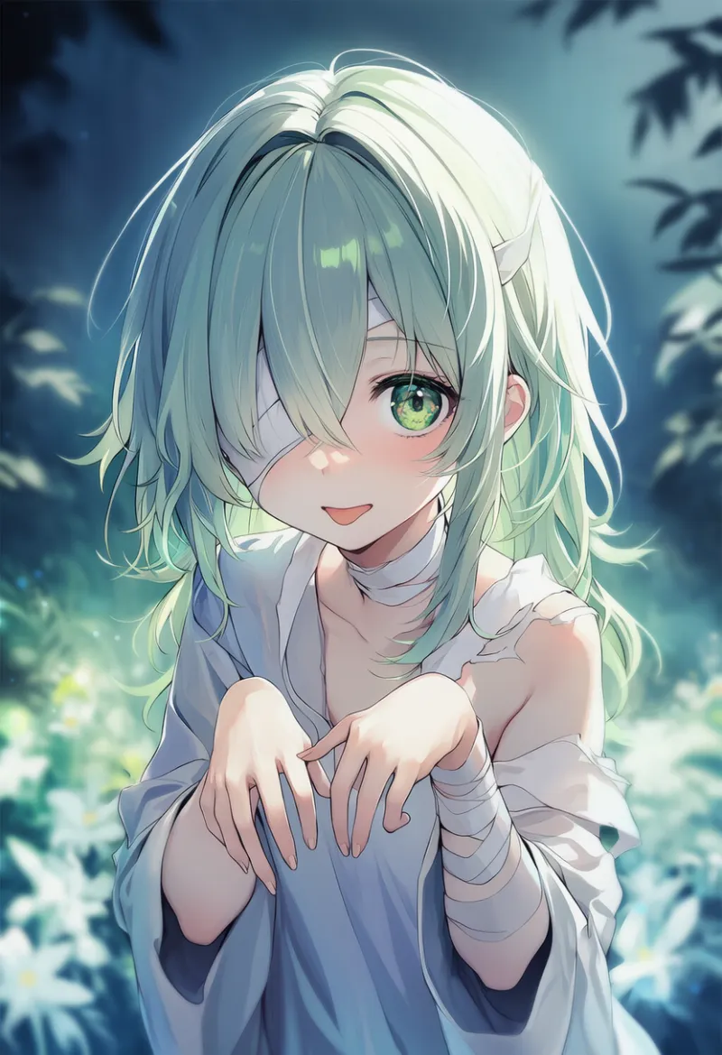 幽霊のポーズのプロンプト紹介用のAIイラスト（包帯キャラクター）