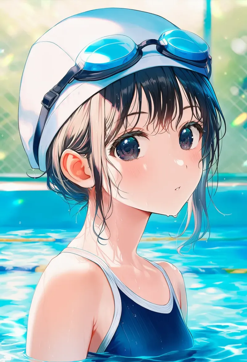 水泳ゴーグルを頭の上に乗せているAIイラストとプロンプト紹介