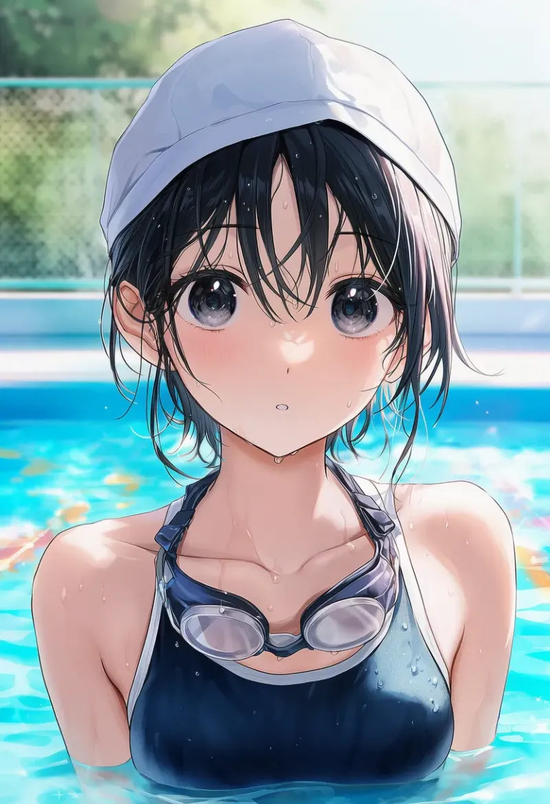 水泳ゴーグルを首にかけるAIイラストとプロンプト紹介