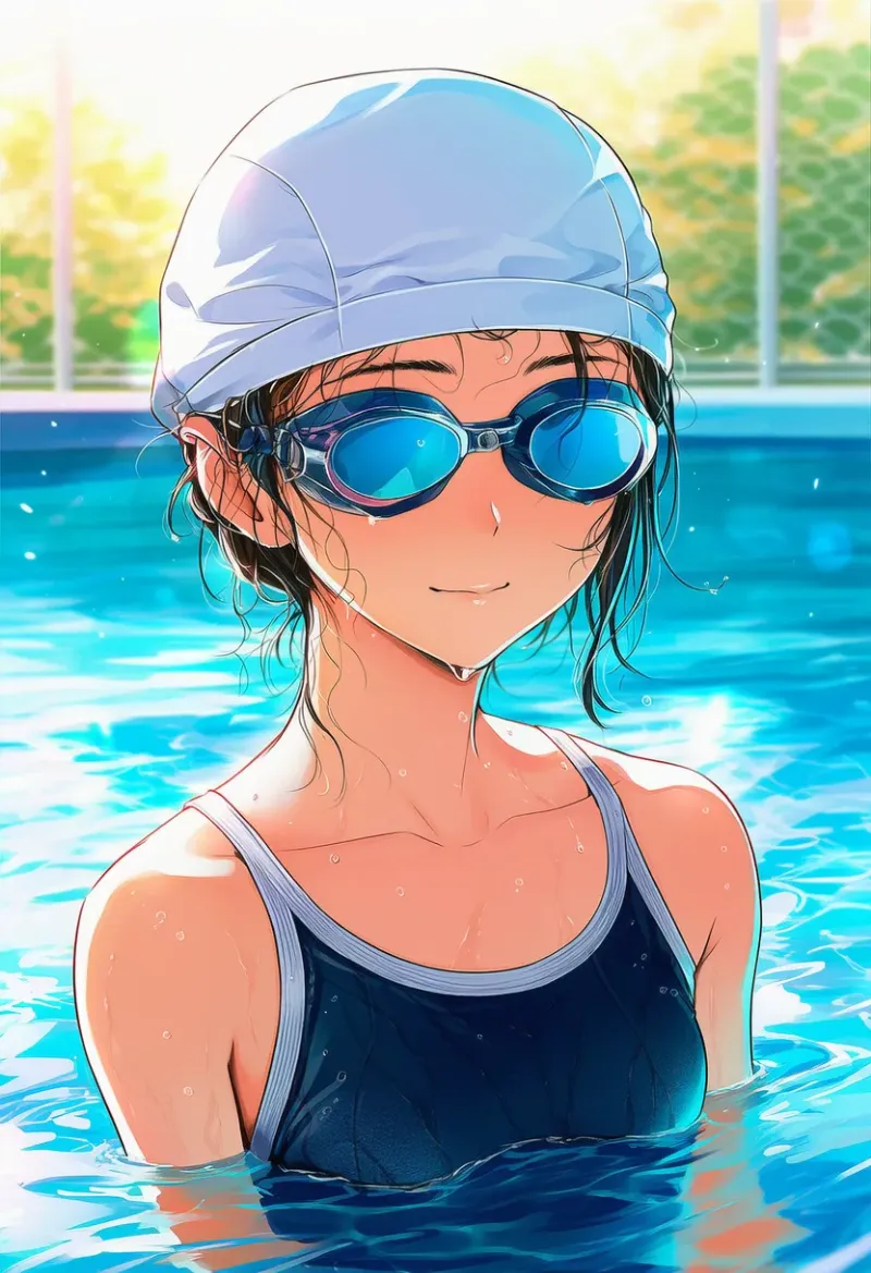 水泳ゴーグルを目にかけているAIイラストとプロンプト紹介