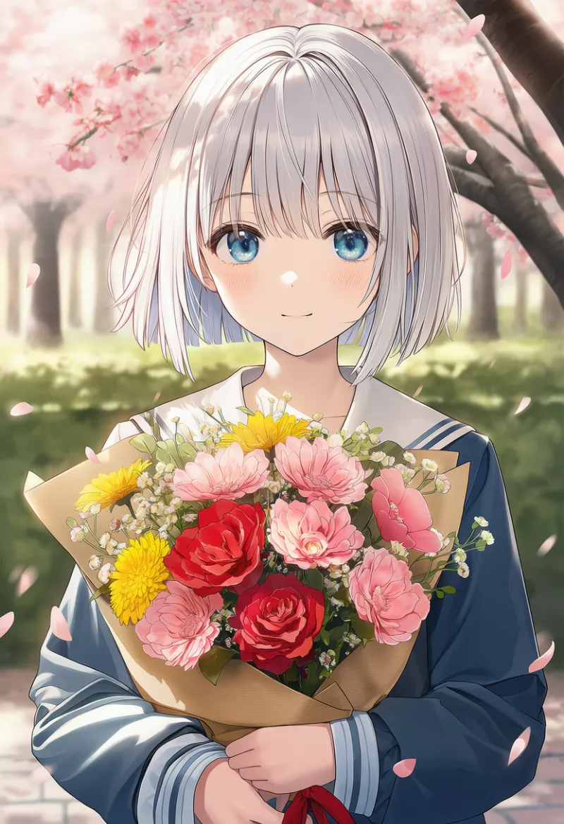 卒業式の花束（紙包装、リボン付き）を再現するプロンプト｜AIイラスト