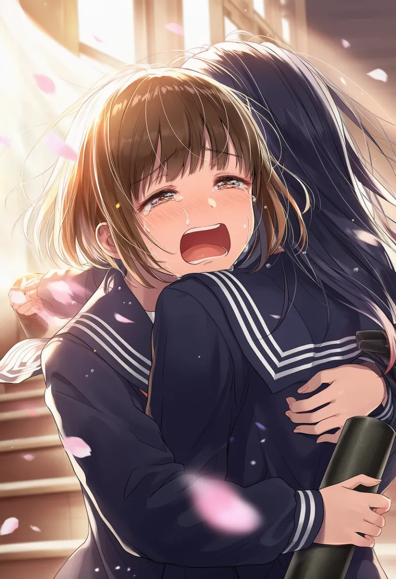 ハグして泣く別れのシーンのプロンプト｜AIイラスト