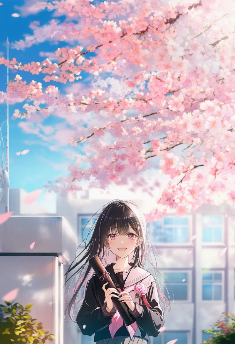 桜と校舎の背景プロンプト｜AIイラスト