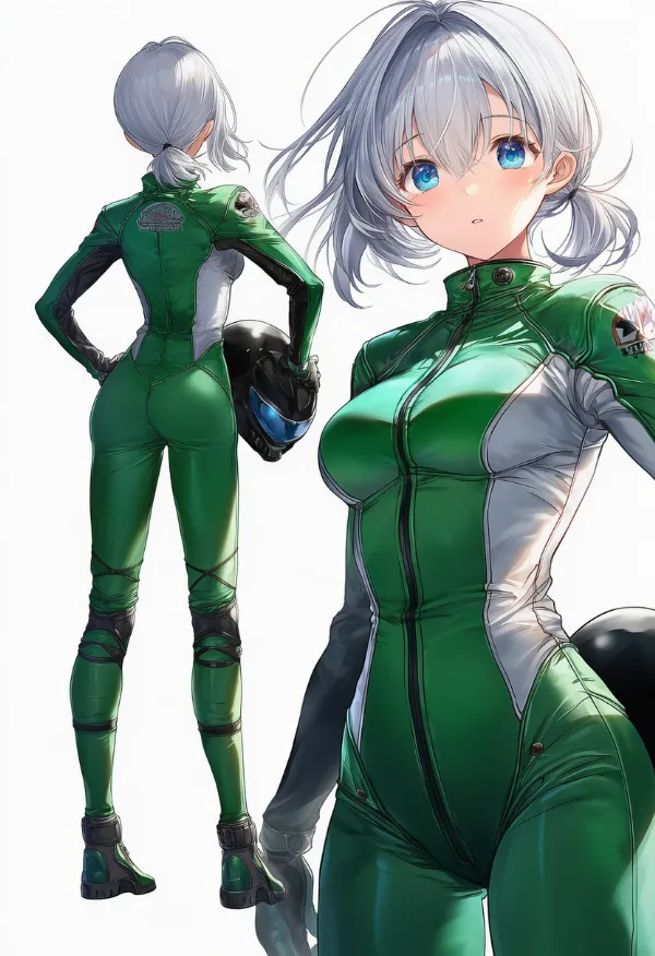 緑色のバイクスーツのプロンプトとAIイラスト