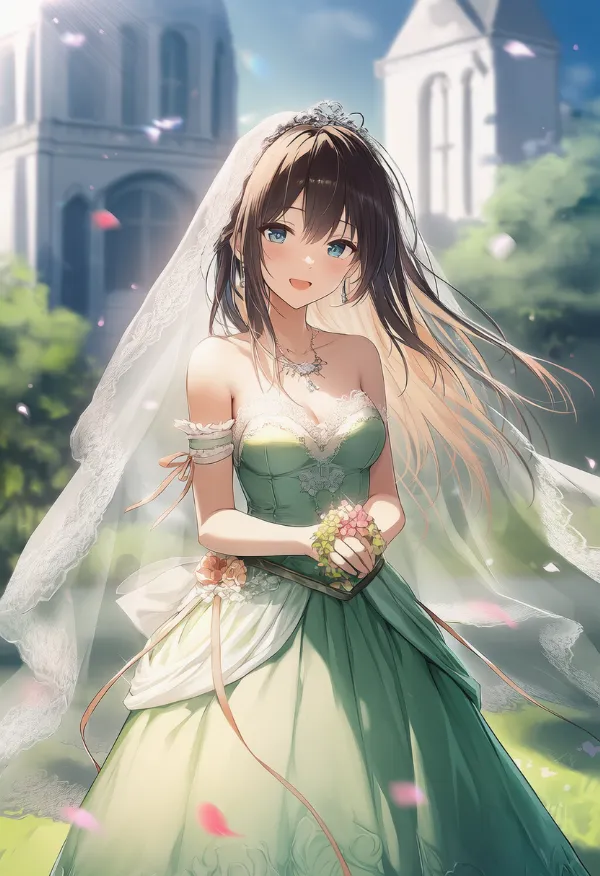 緑色のウェディングドレスのAIイラストとプロンプト紹介