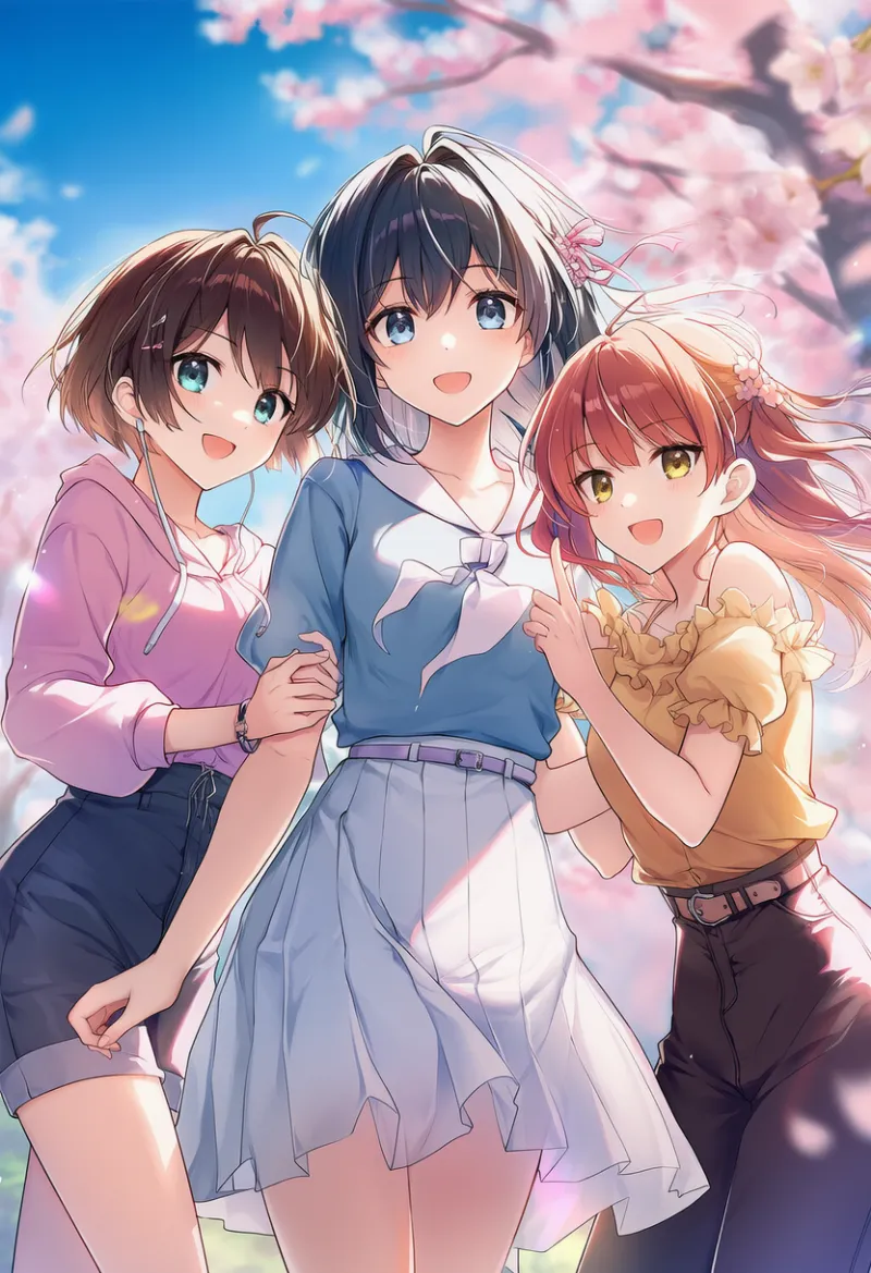 グループポーズ（お花見シーン）のAIイラスト｜プロンプト：group pose