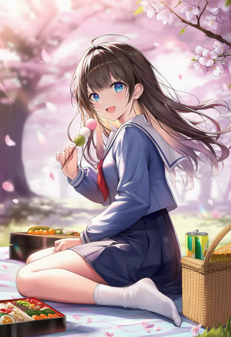 お花見シーンのAIイラスト作例｜プロンプト：hanami, picnic