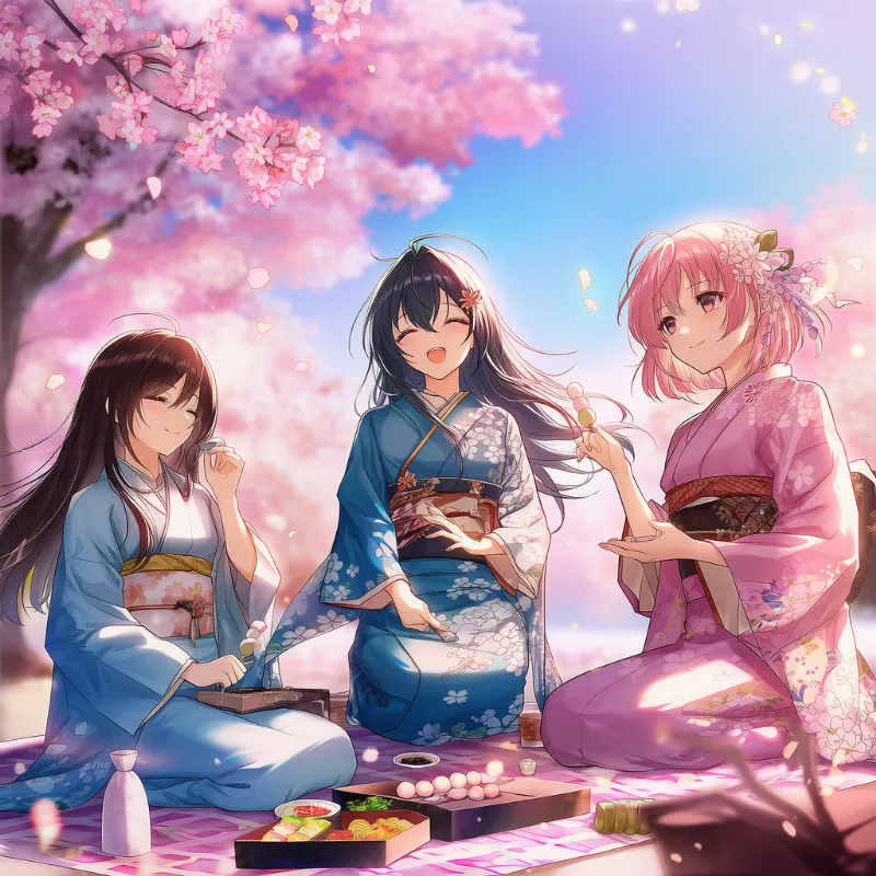着物で座る定番のお花見シーンのAIイラスト