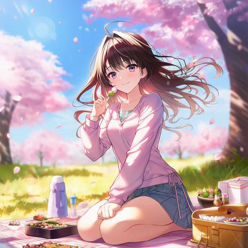 一人で楽しむお花見ピクニックのAIイラスト