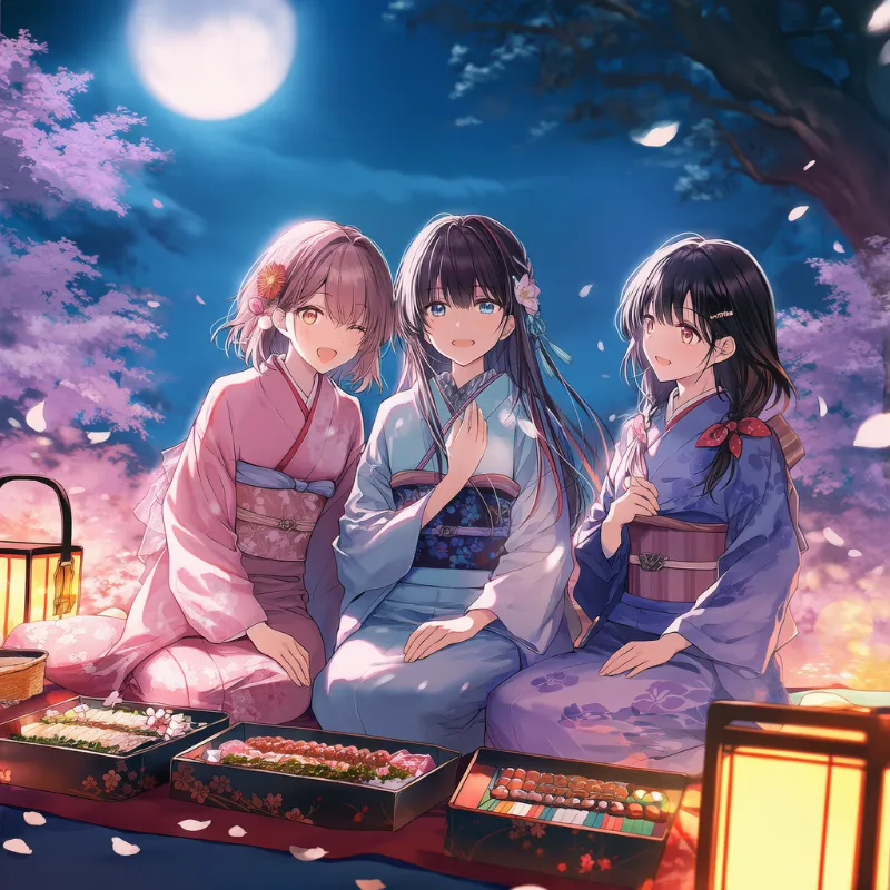 夜桜と提灯のお花見シーン（夜）のAIイラスト