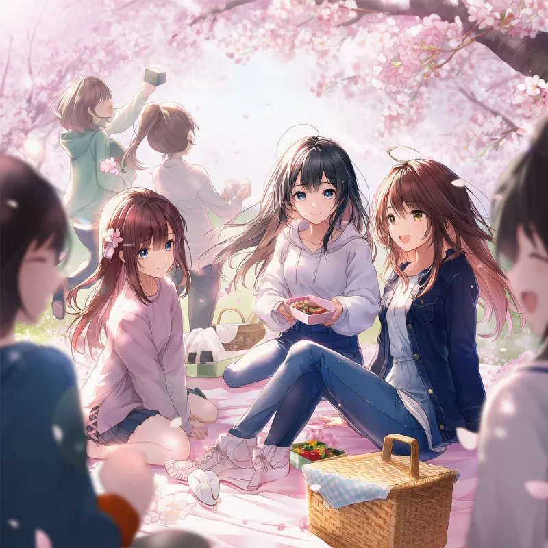 私服で集まるグループお花見（現代風）のAIイラスト