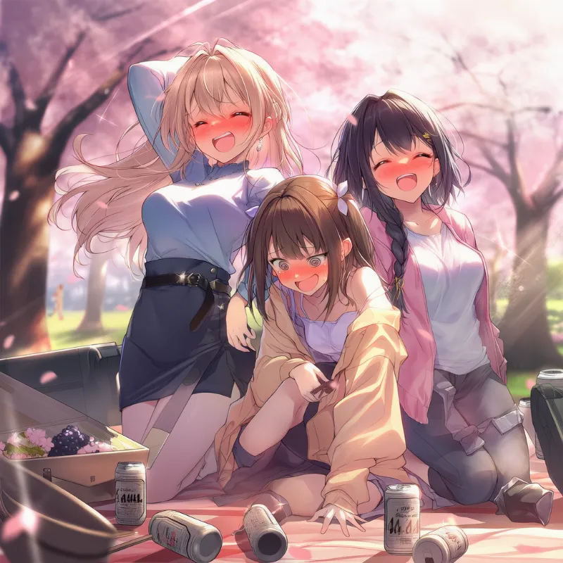 お酒ありの宴会お花見シーン（酔い・騒ぎ）のAIイラスト