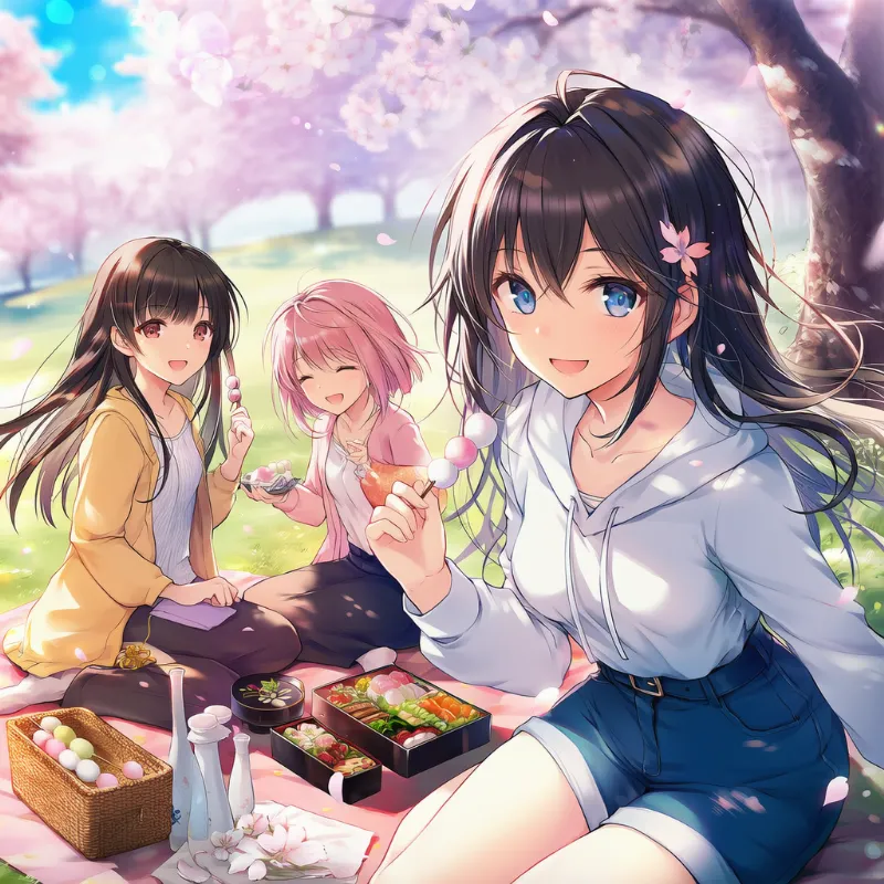 食事中心のお花見シーン（弁当・団子）のAIイラスト