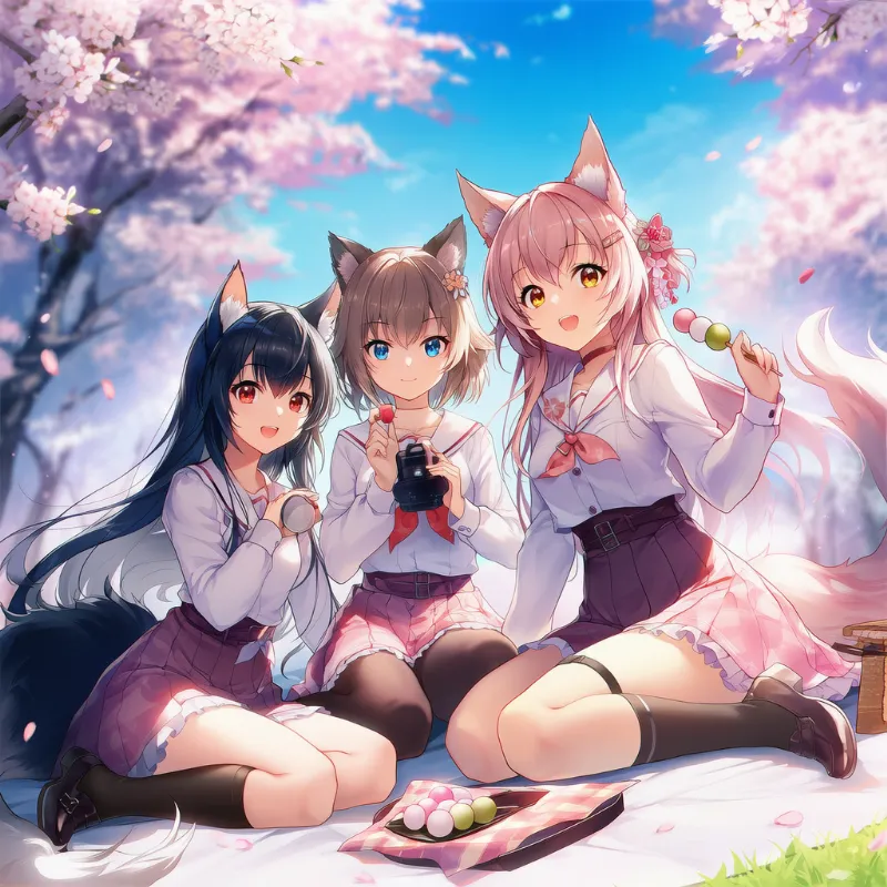 動物耳キャラのお花見（ファンタジー）のAIイラスト