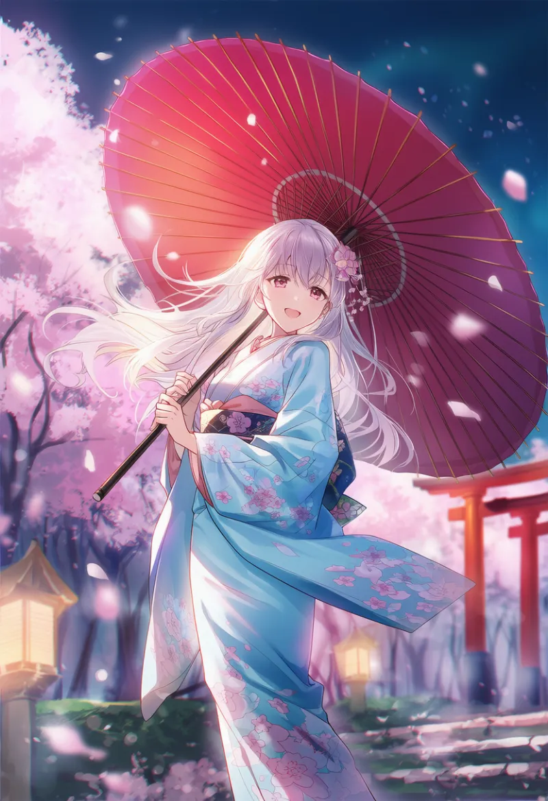 鳥居と和傘のお花見（和風）のAIイラスト