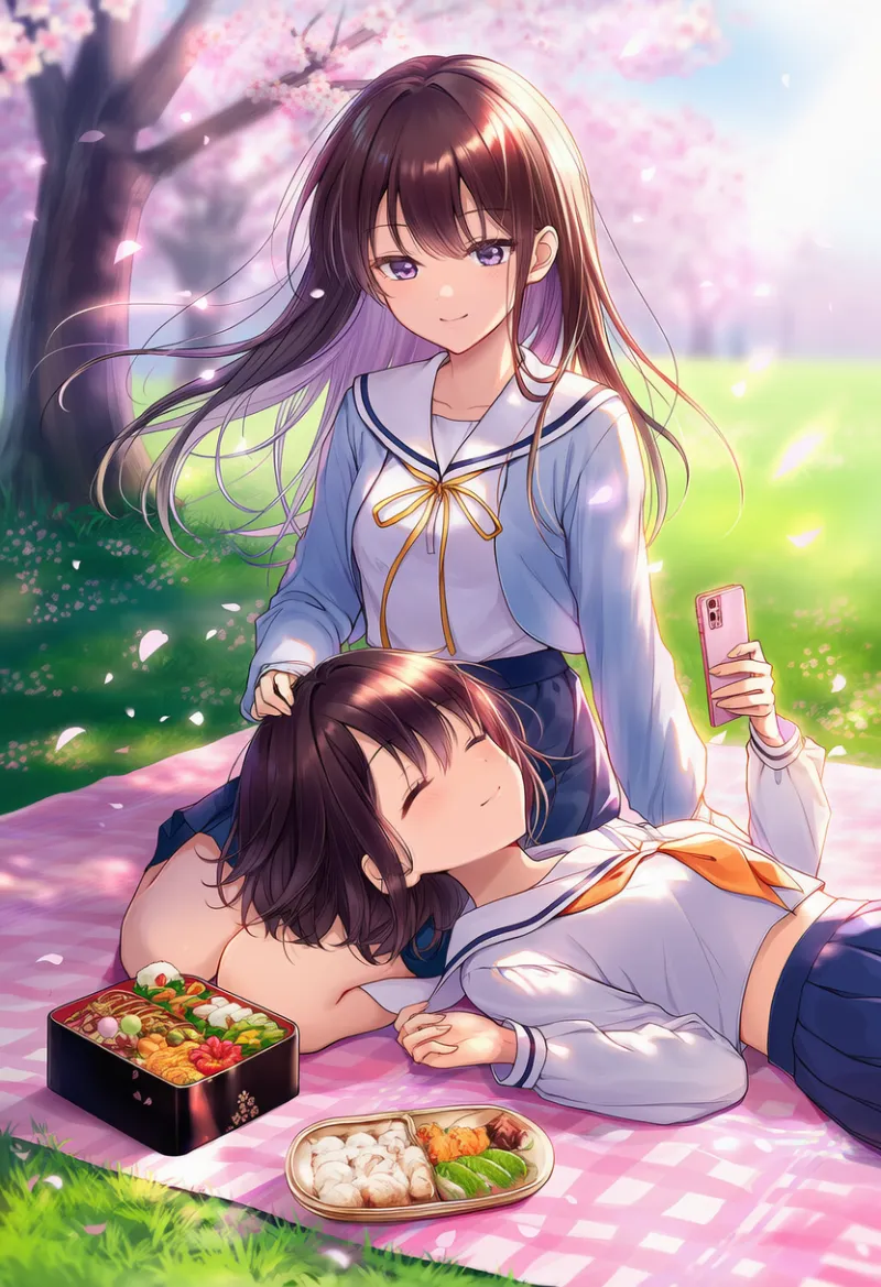 膝枕のあるお花見シーン（友達）のAIイラスト